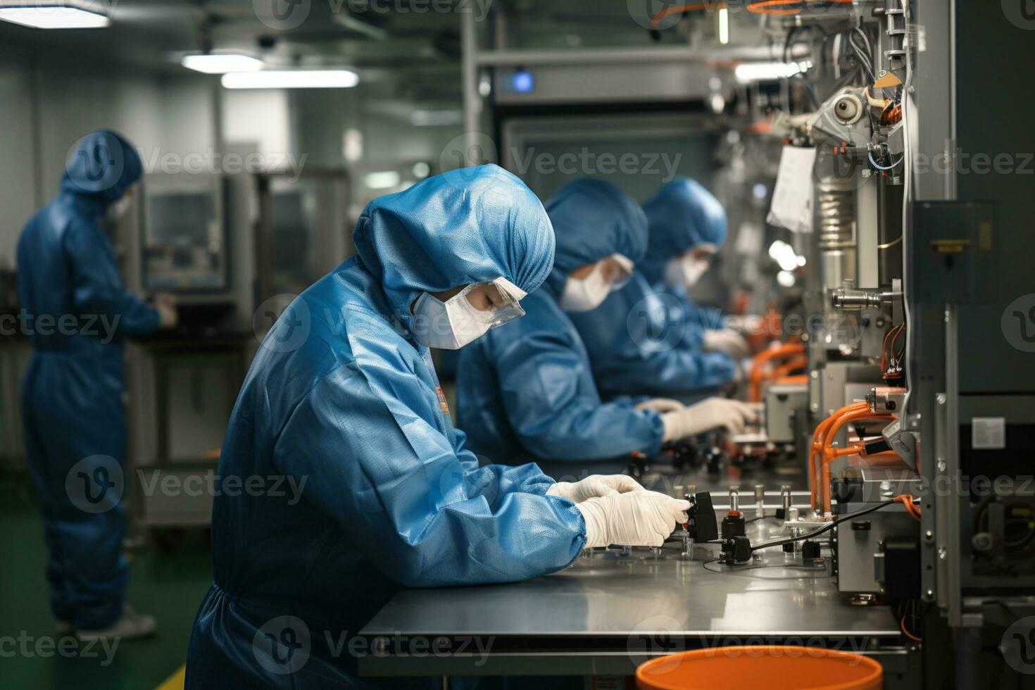 Factory workers in protective suits working on production lines in modern factories AI Generated photo