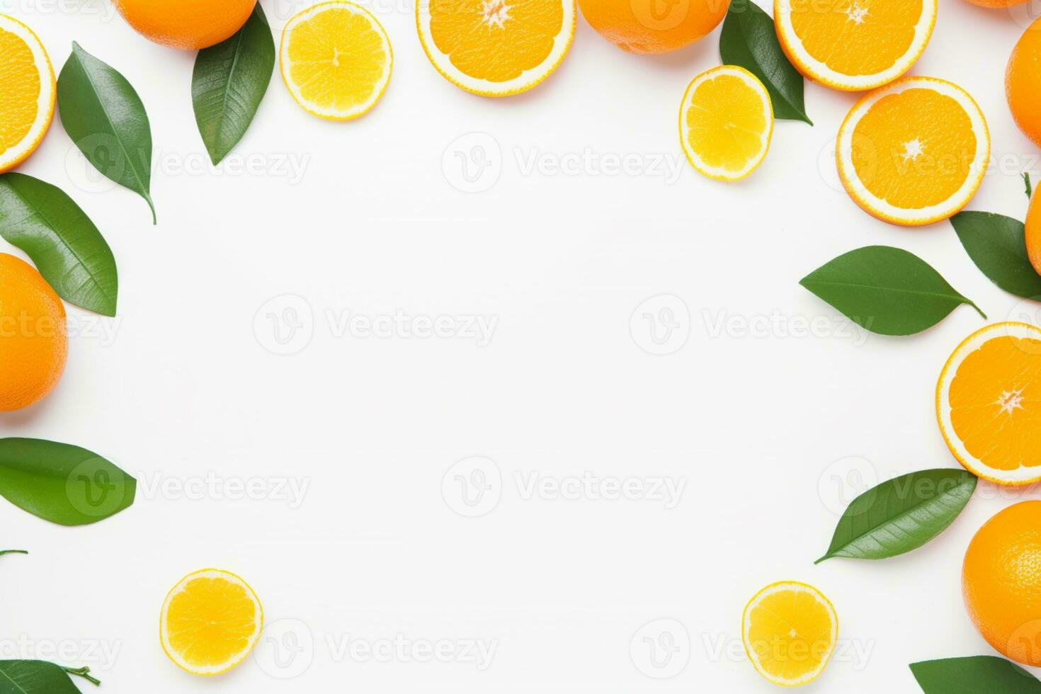 A slice of orange is placed in the corner with a copy space at the centre AI Generated photo