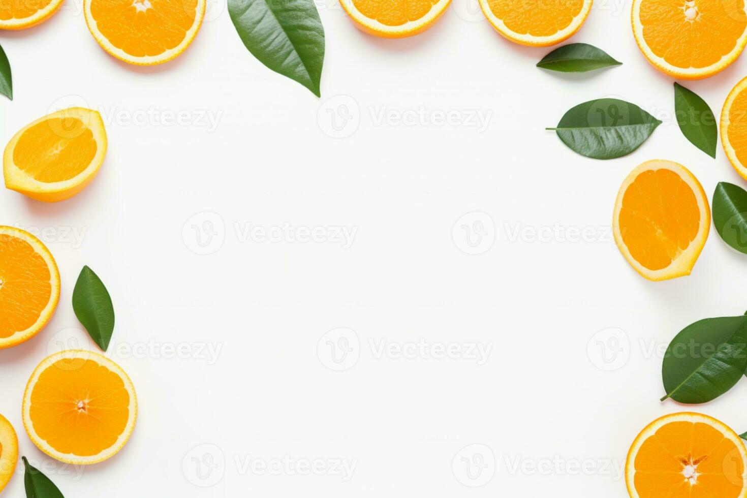 A slice of orange is placed in the corner with a copy space at the centre AI Generated photo