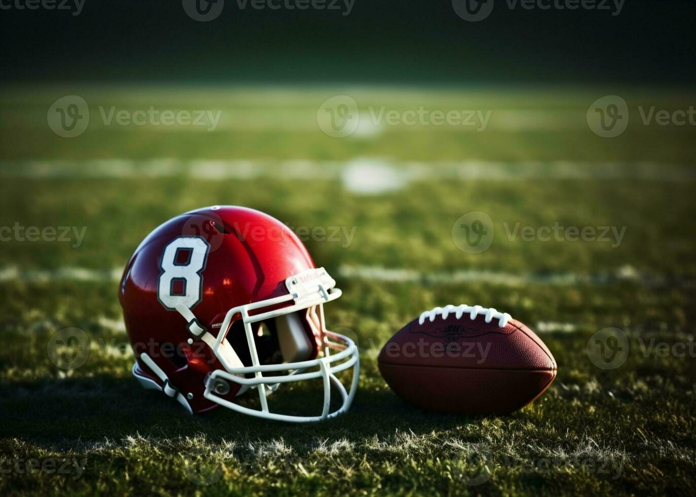 American football helmet on the field with blurred stadium background AI Generated photo