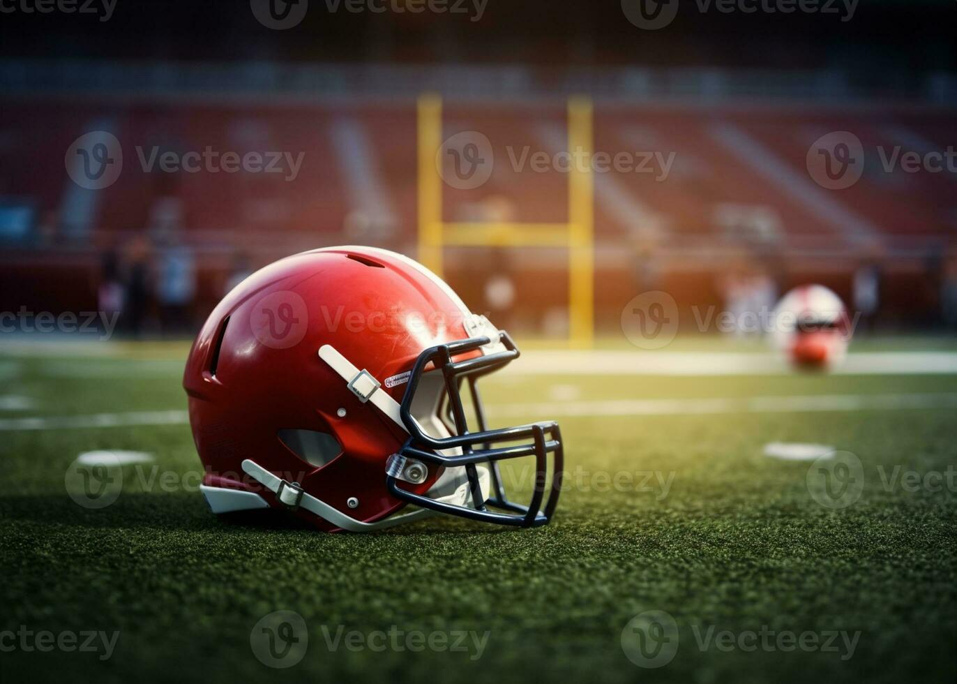 American football helmet on the field with blurred stadium background AI Generated photo