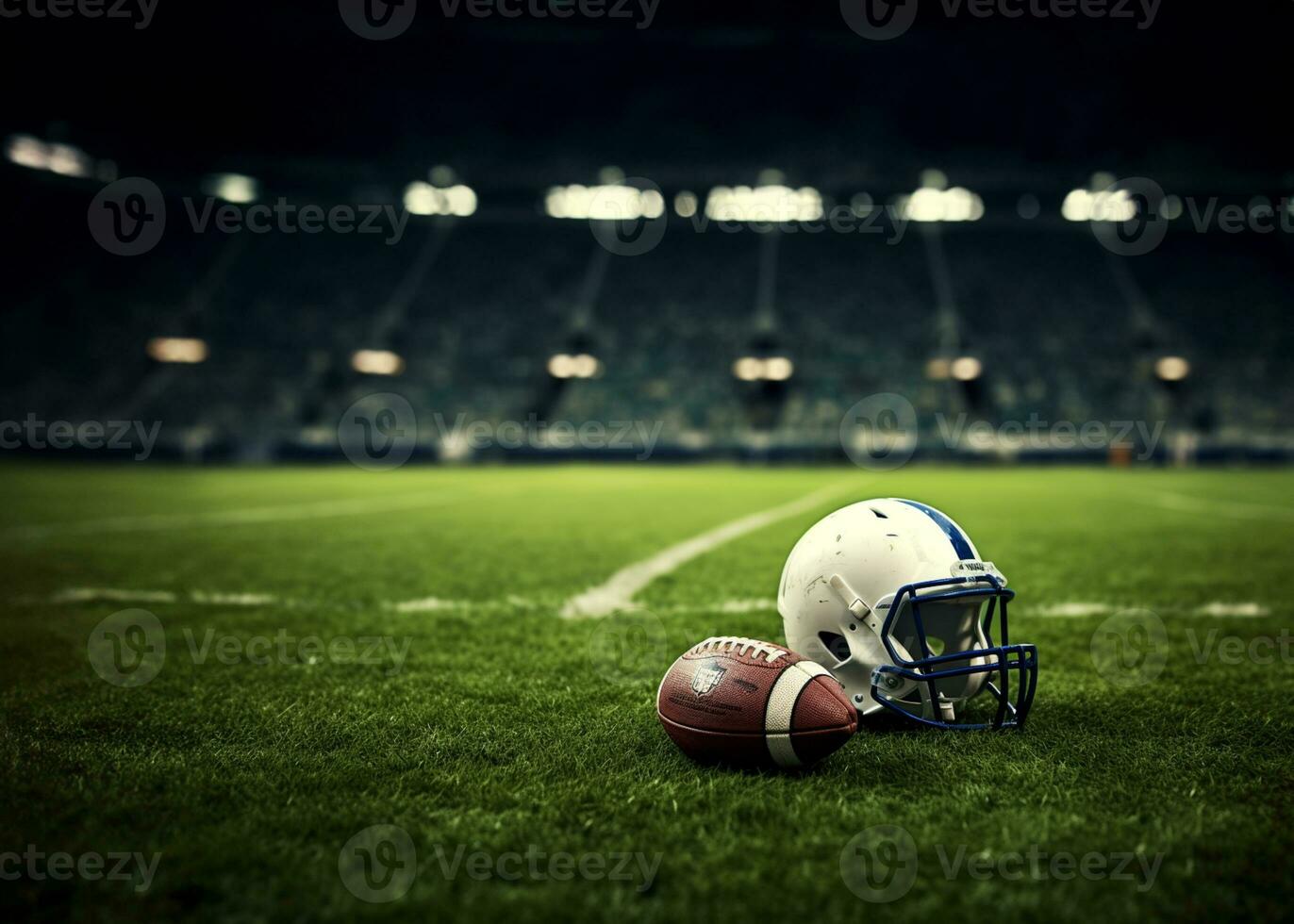 American football helmet on the field with blurred stadium background AI Generated photo