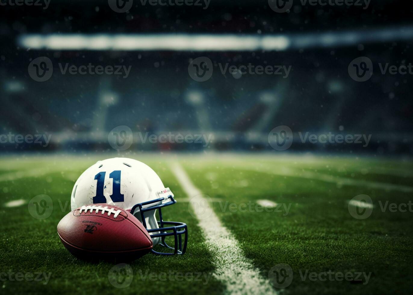 American football helmet on the field with blurred stadium background AI Generated photo