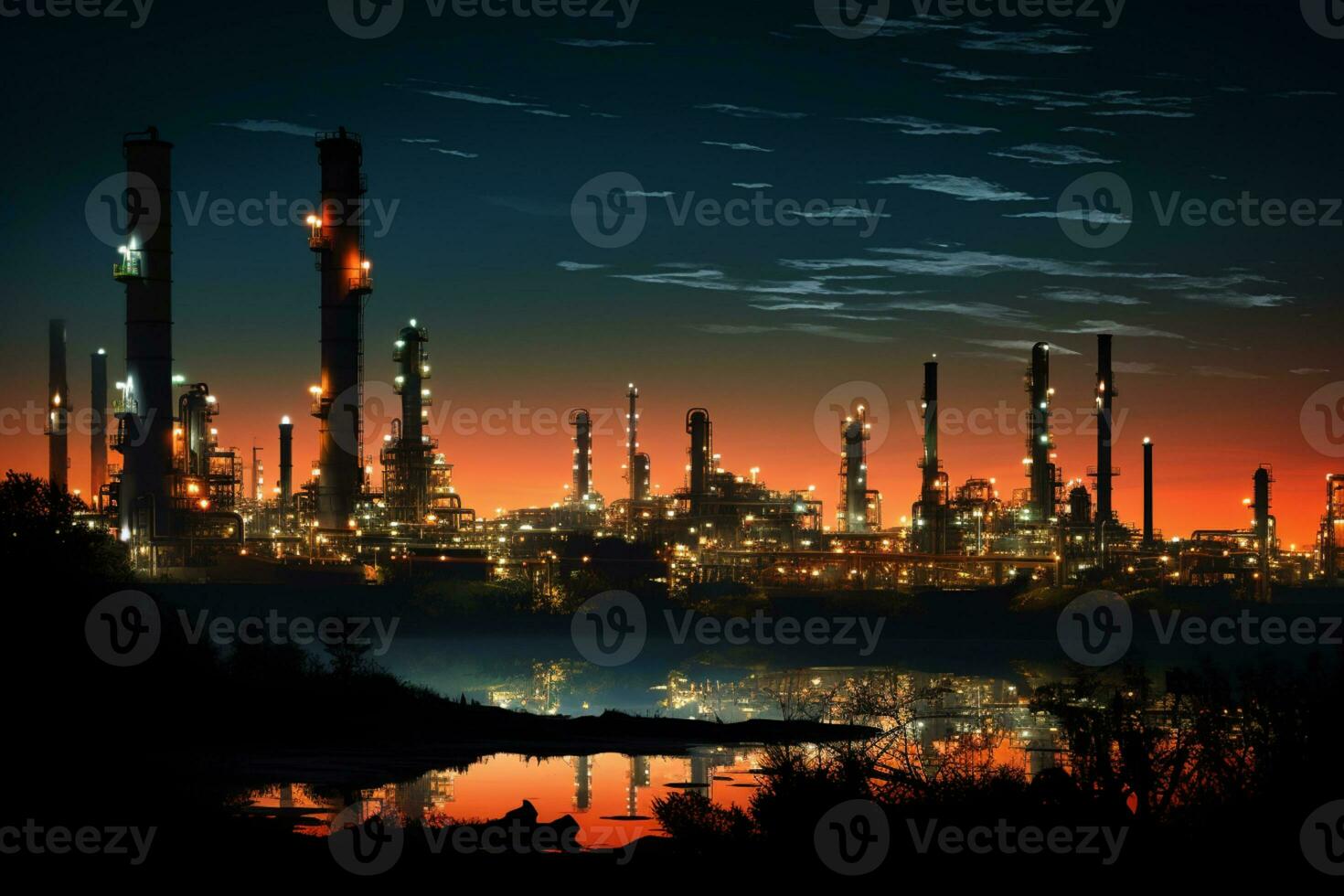 a view of oil refinery during night, industrial concept AI Generated photo