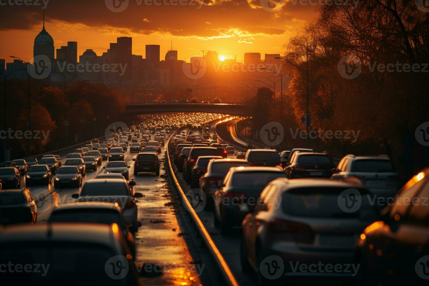 Top view of road traffic on a motorway at sunset with fast blurred on vehicle AI Generated photo