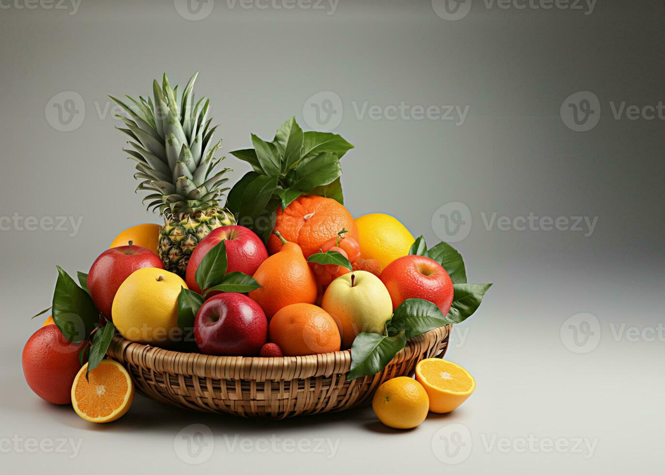 Basket of fresh fruits on white background. Healthy food concept. Generative AI photo