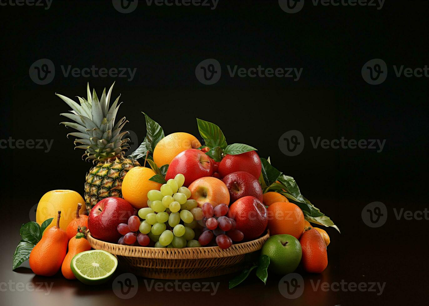 Fruits in a basket on a black background. Healthy food. AI Generated photo