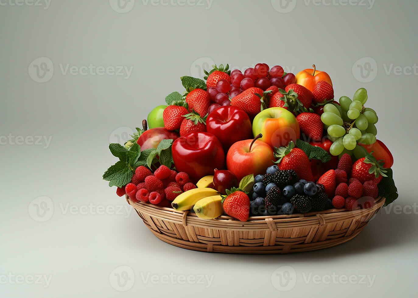 cesta de Fresco frutas en blanco antecedentes. sano comida concepto. ai generado foto