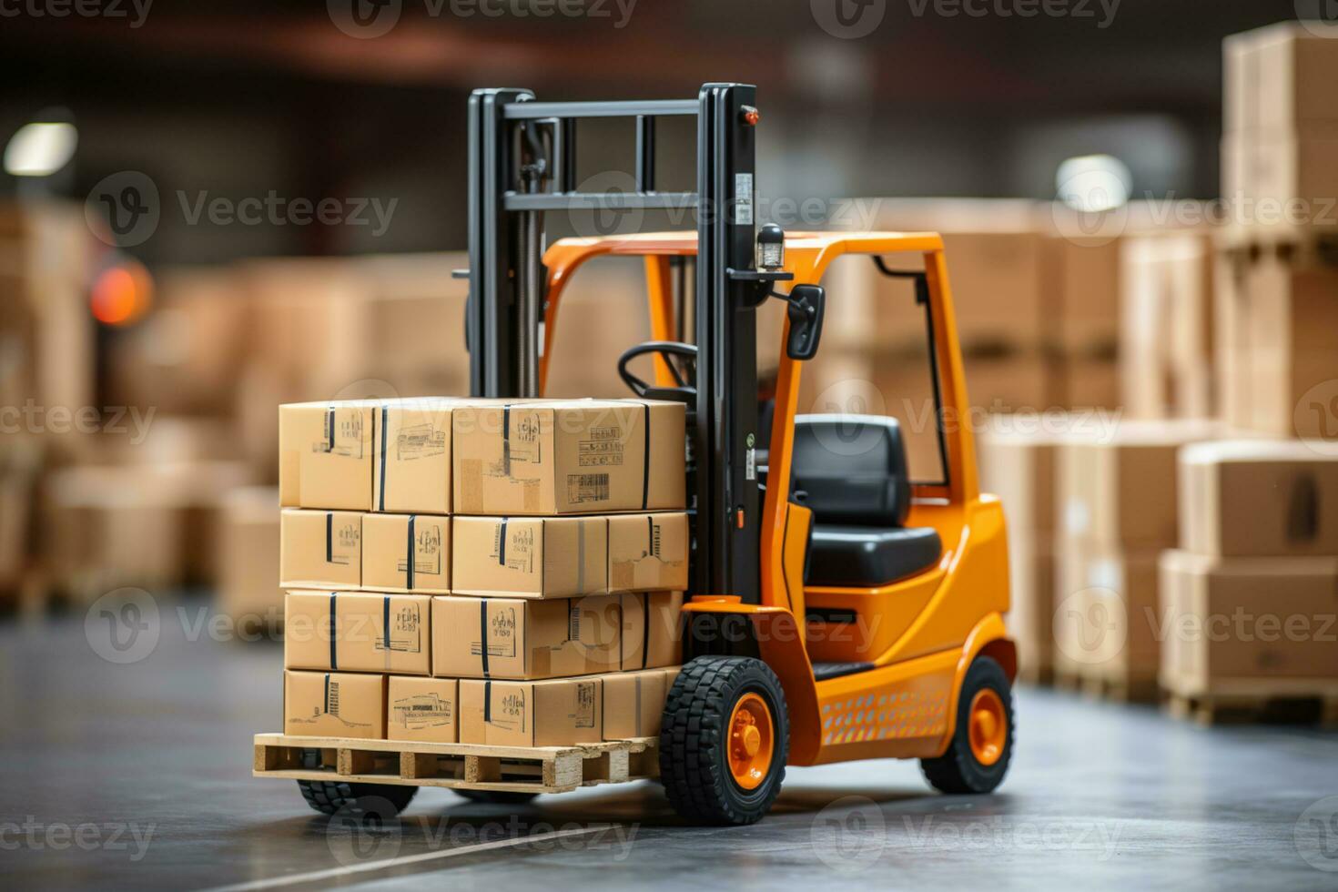 forklift lifting goods and cartons with blurred warehouse background logistic concepts photo