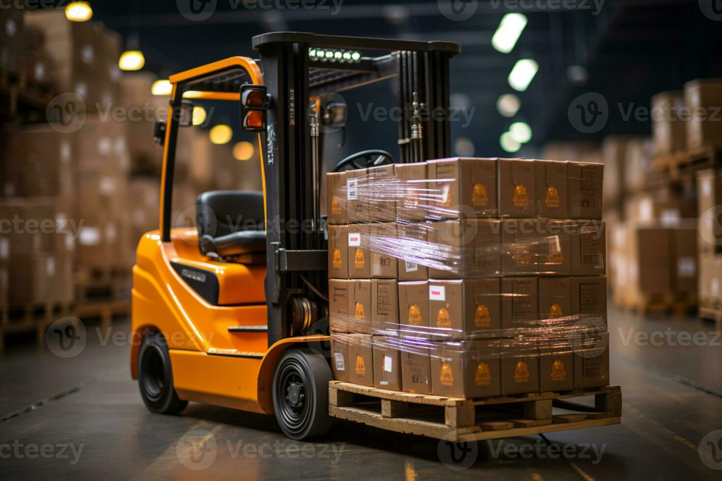 forklift lifting goods and cartons with blurred warehouse background logistic concepts photo