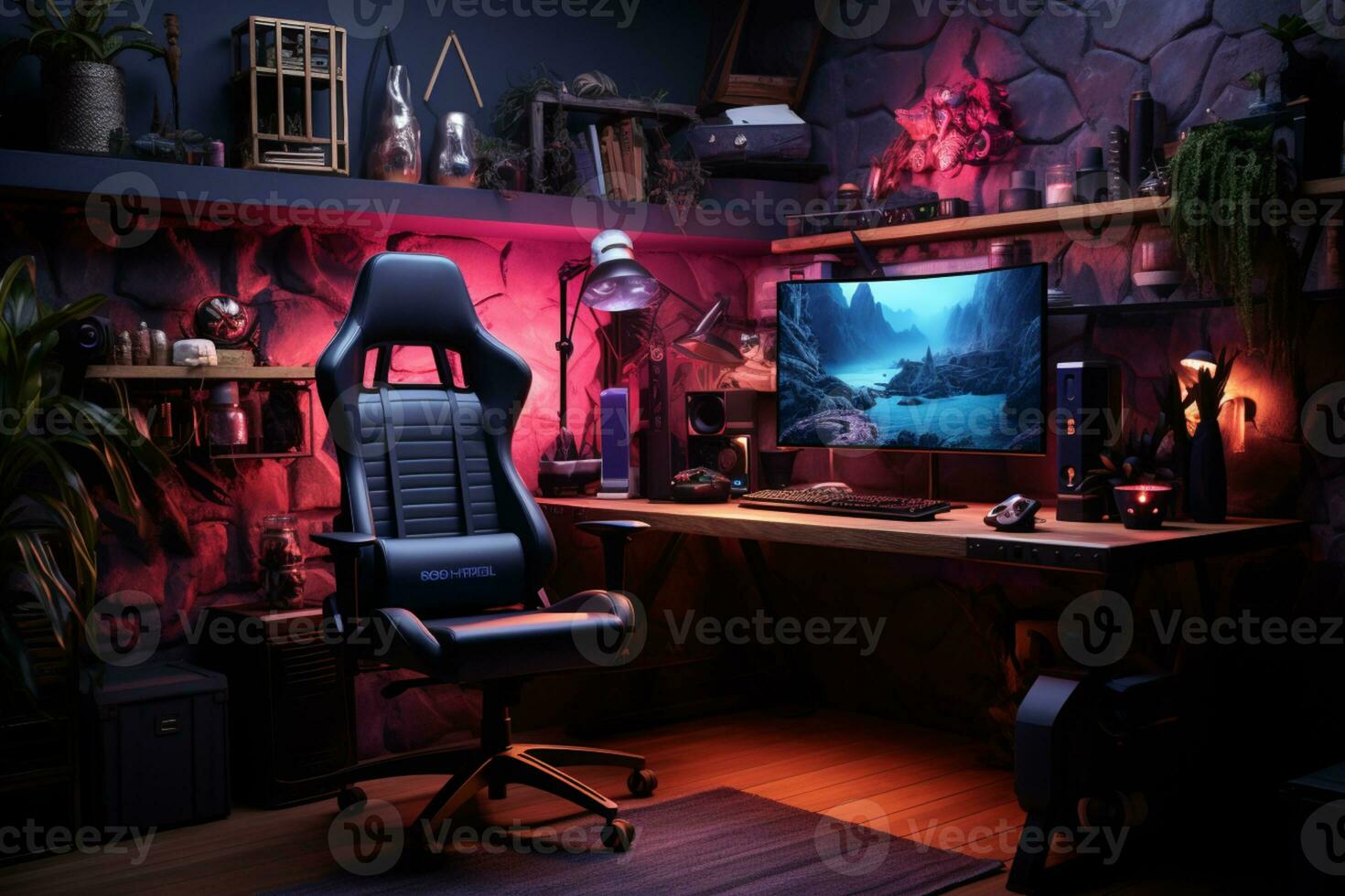 gaming room setup with colourful neon light, neat, minimalist vibes photo