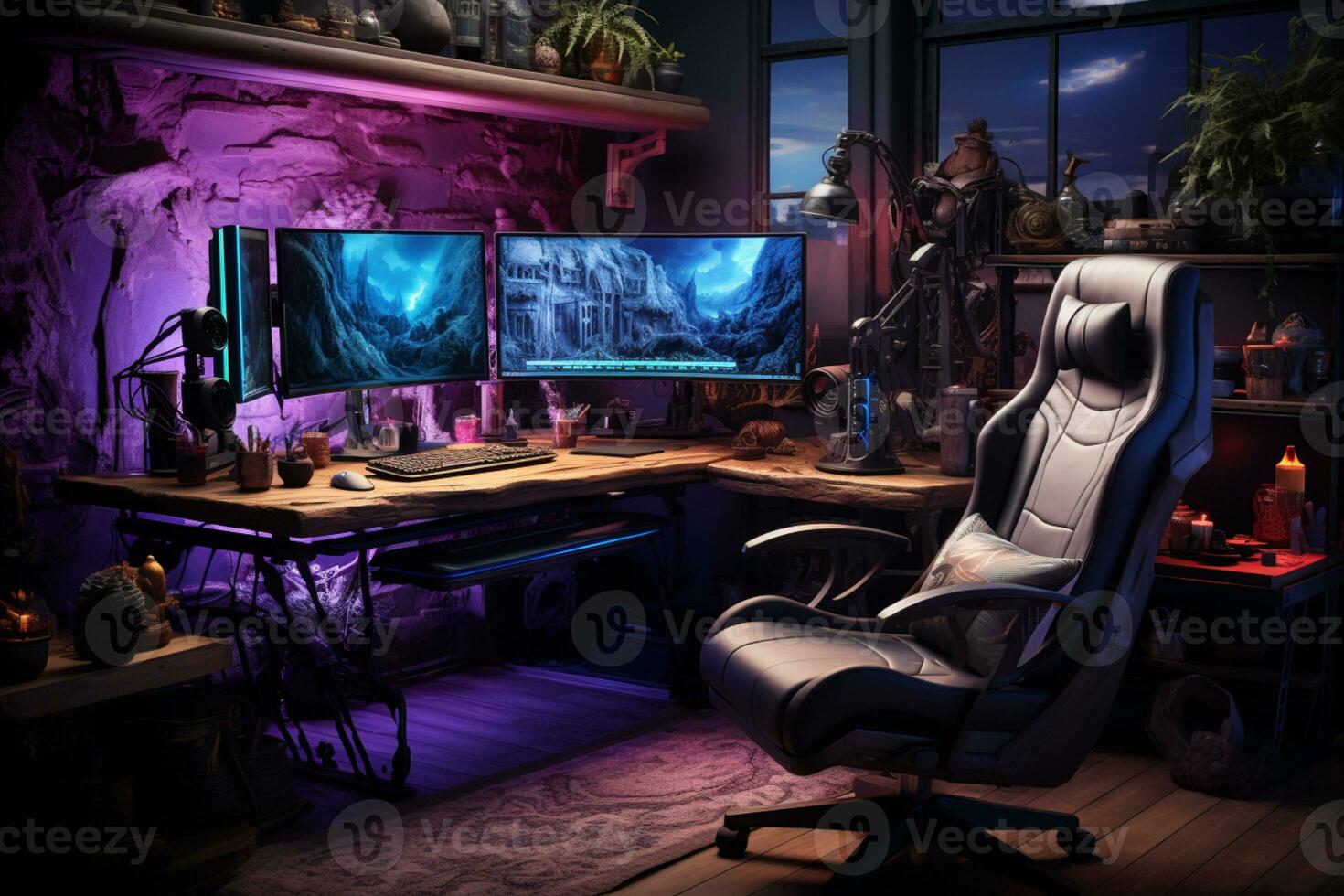 gaming room setup with colourful neon light, neat, minimalist vibes photo