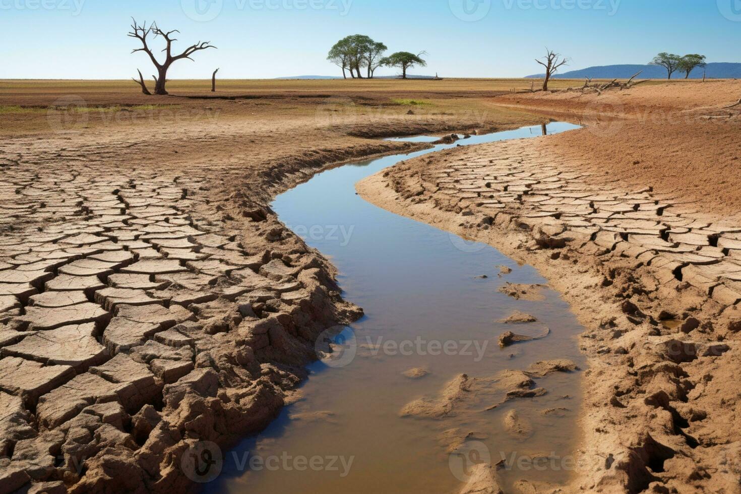 sequías temporada en un contracción río durante el niño, clima cambio concepto, ai generado foto