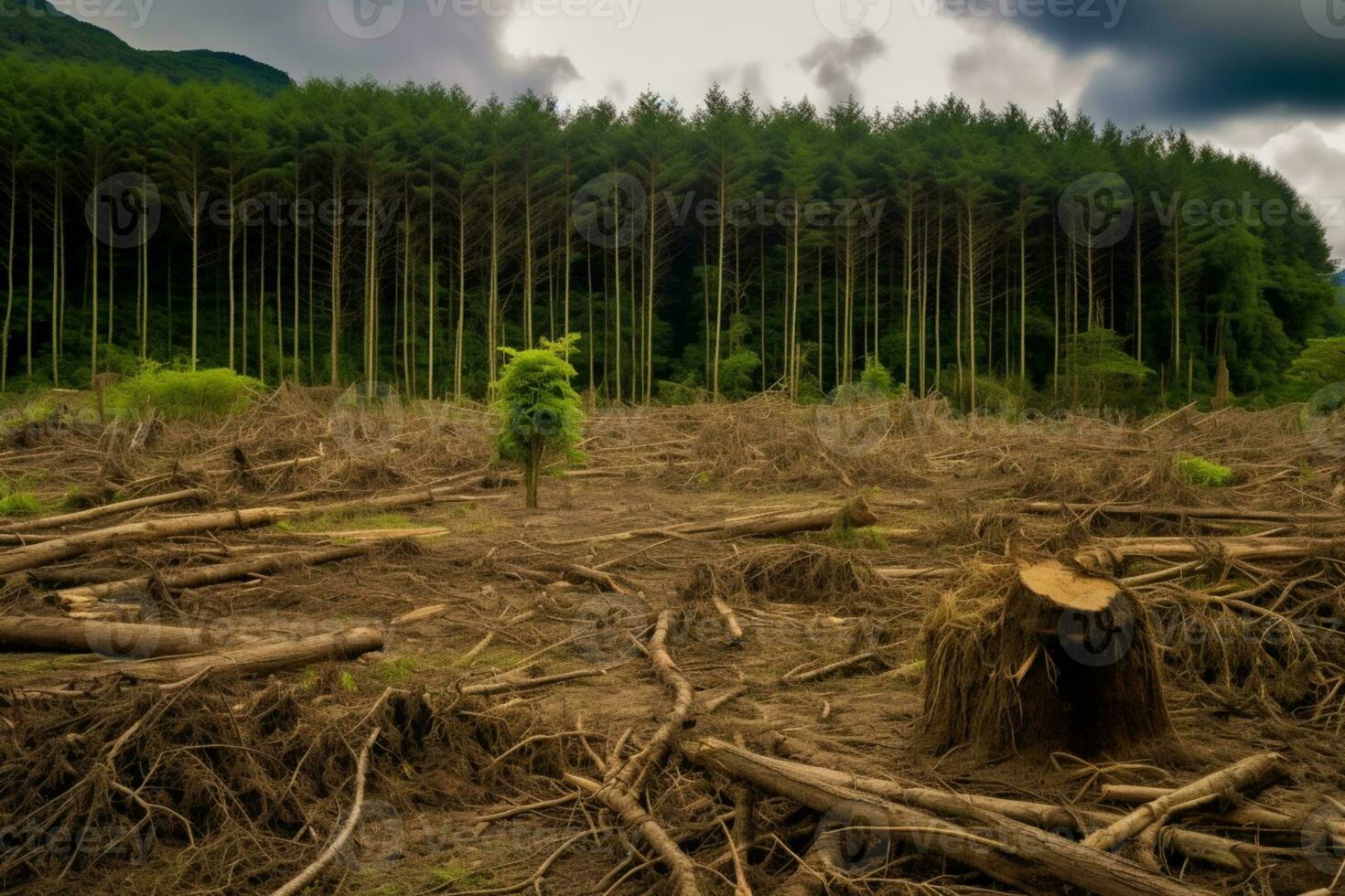 cutting trees forest, climate change and environmental concept, AI Generated photo