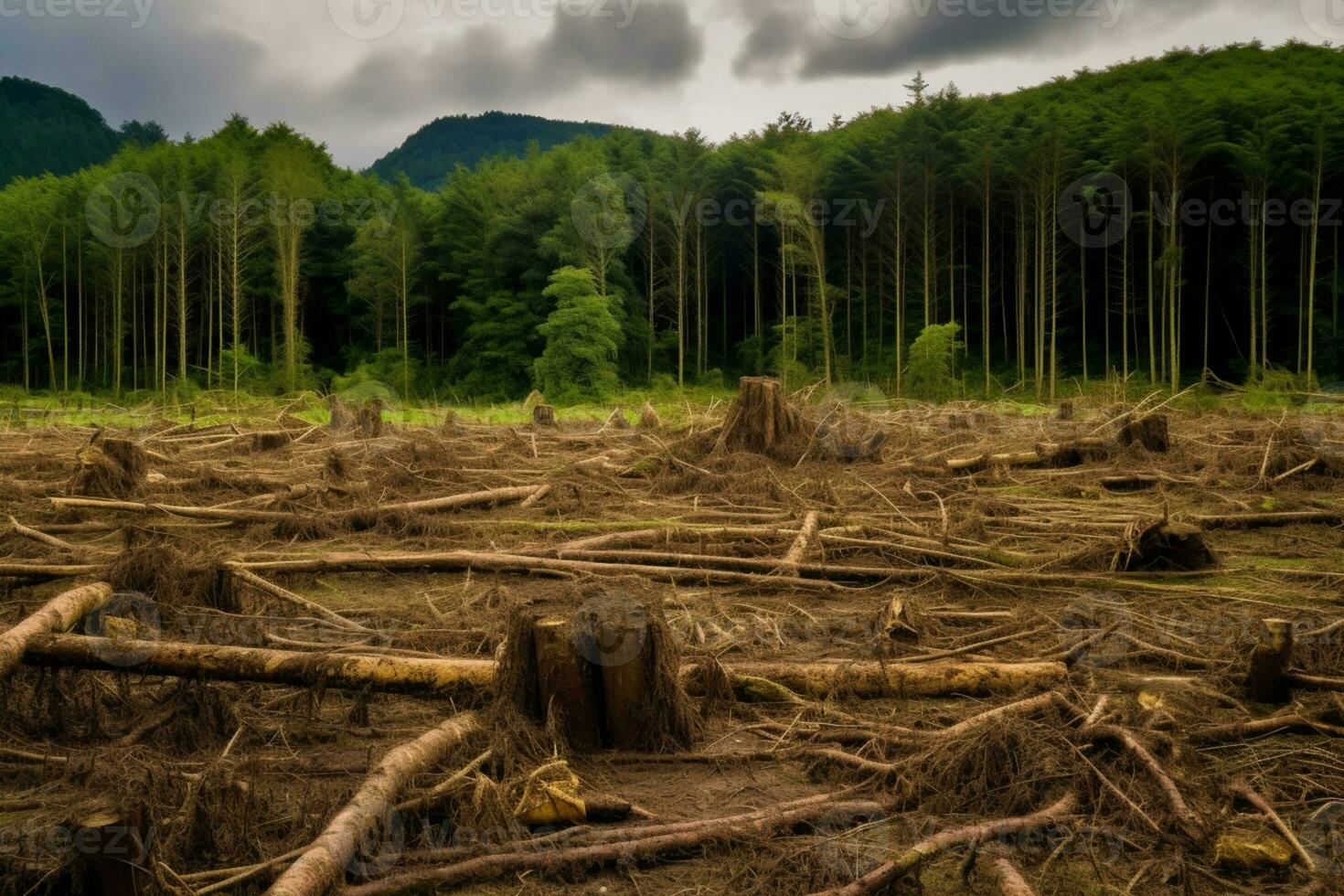 cutting trees forest, climate change and environmental concept, AI Generated photo