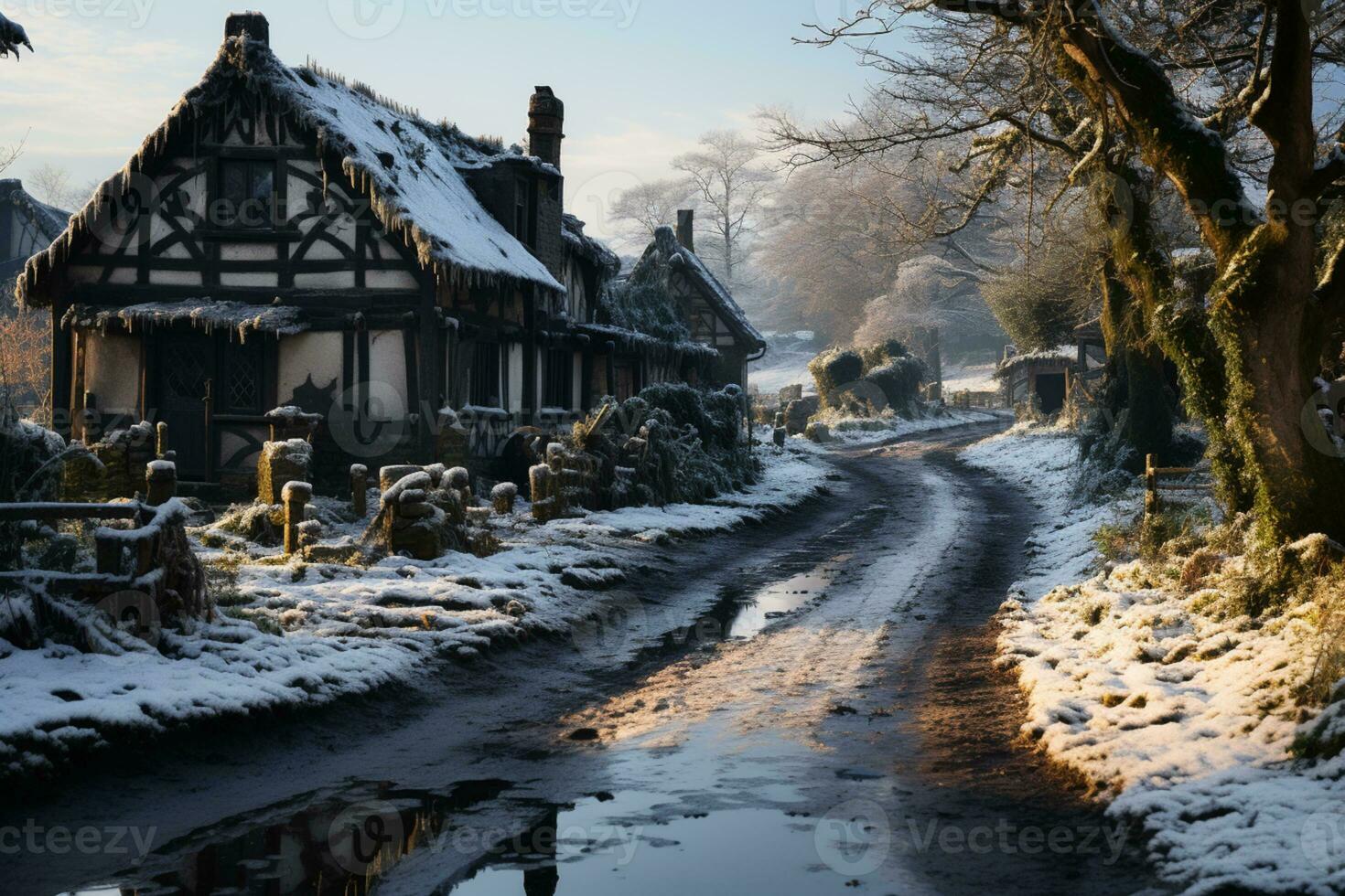 Winter season on a small village, calm and serene, AI Generated photo