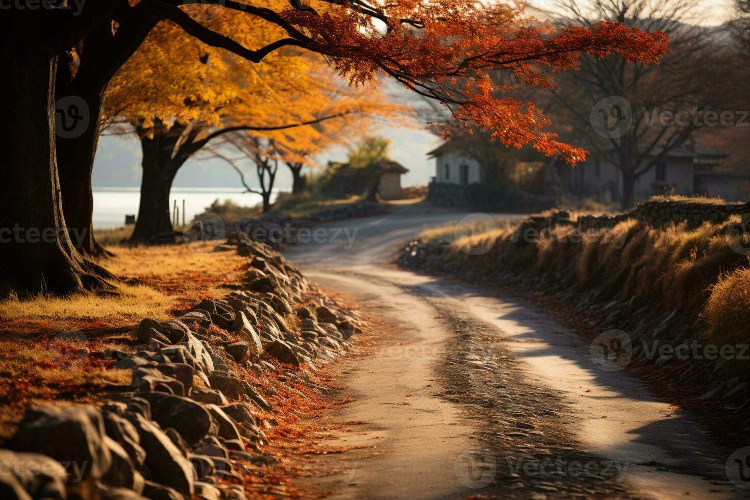 small village road during autumn season, natural light. AI Generated photo