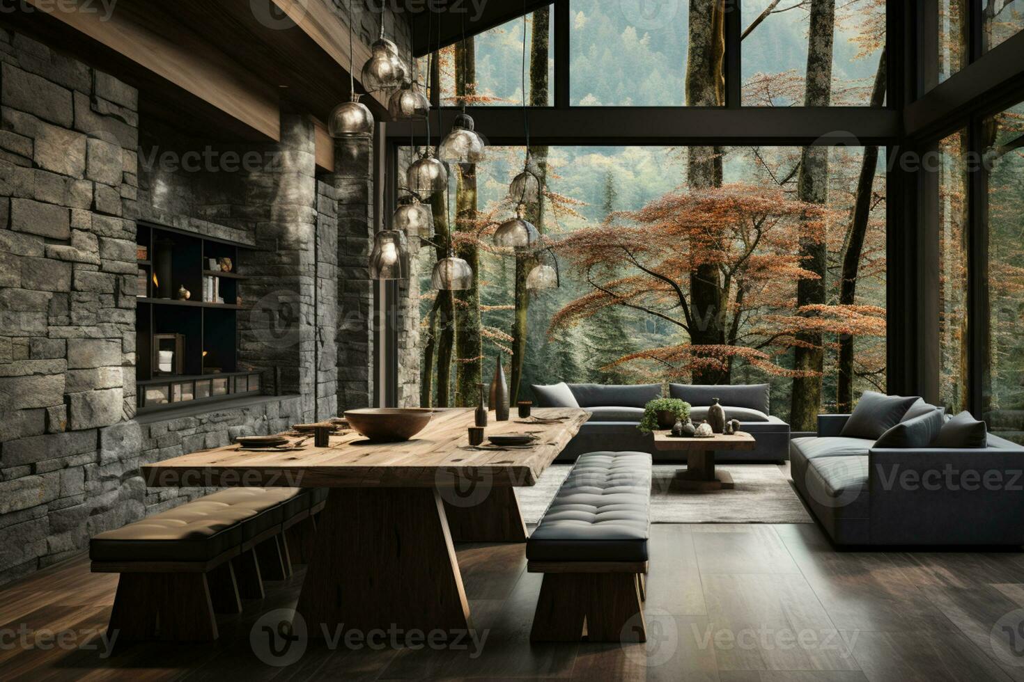 dining interior design with nature vibes, simple yet modern AI