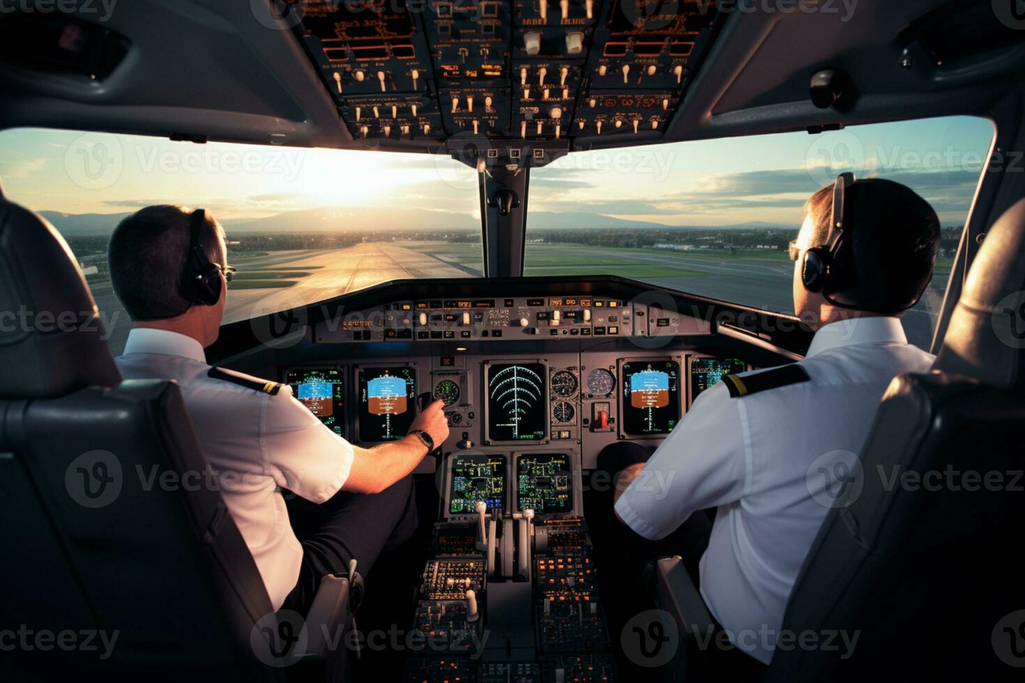 Two pilot on a cockpit of a commercial airlines AI Generated photo