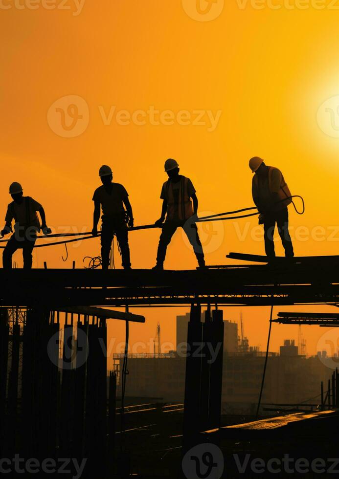 construction workers in silhouette working on high rise building AI generated photo