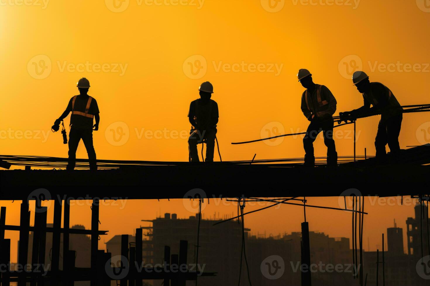 construction workers in silhouette working on high rise building AI generated photo
