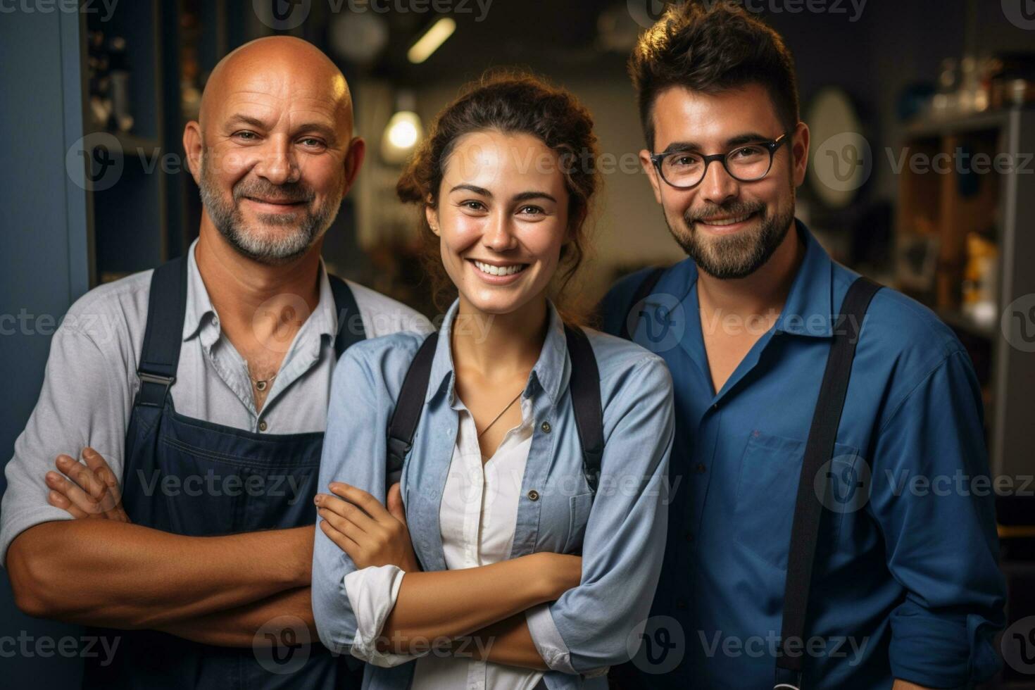 potrait de trabajadores en su casual felizmente con su trabajo ai generado foto