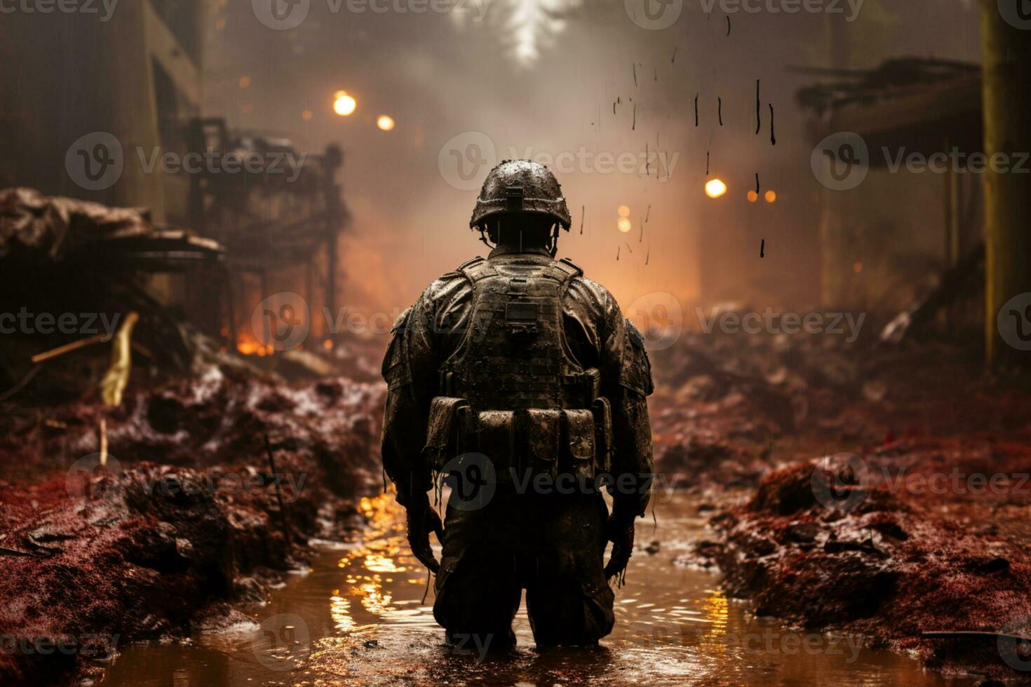 A Soldier walking on ruined warzone AI generated photo