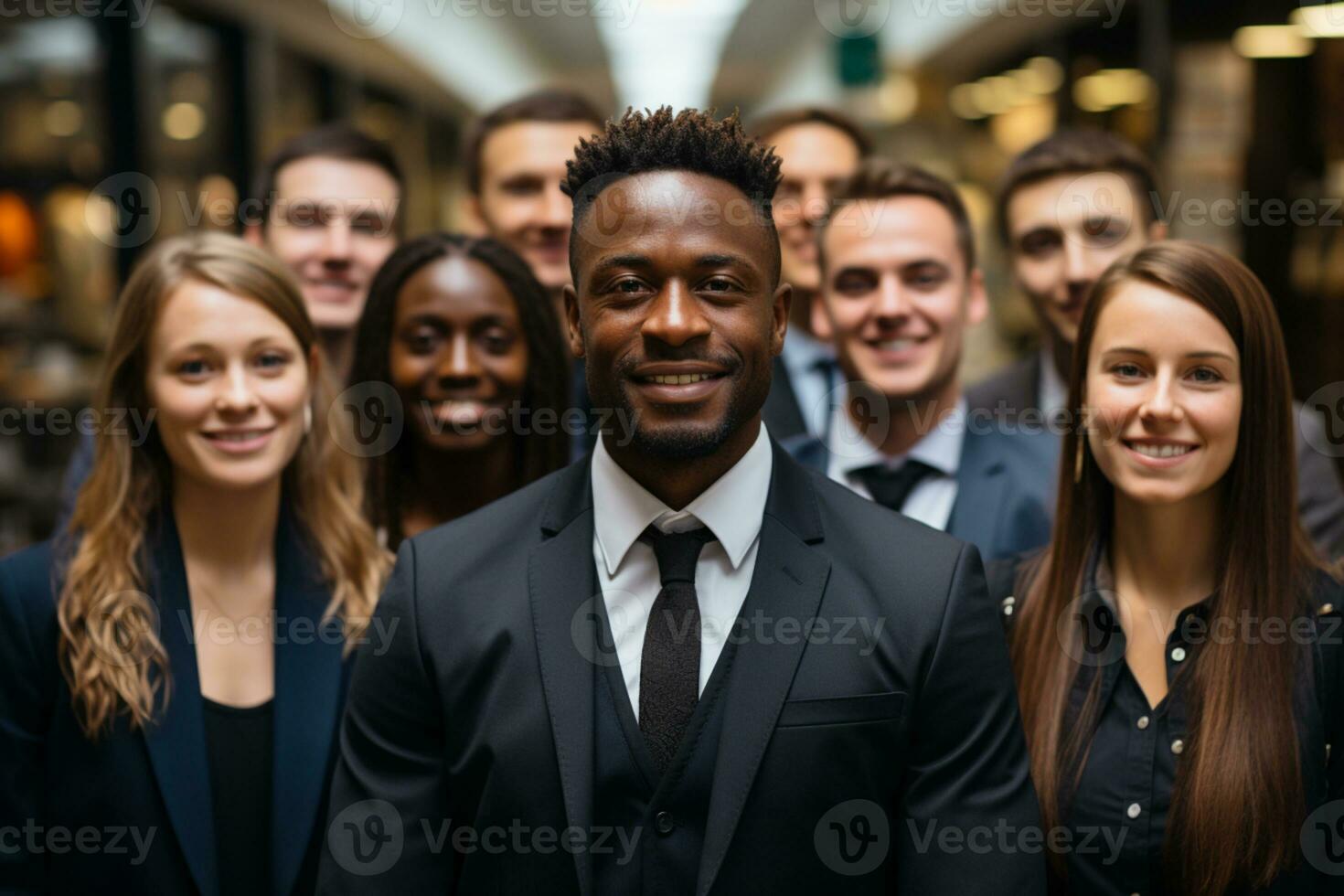 Group potrait of diverse coworkers with blurred office AI generatedbackground photo