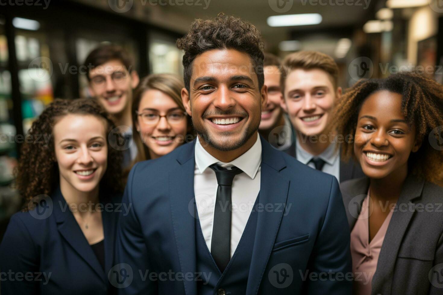 Group potrait of diverse coworkers with blurred office background AI generated photo