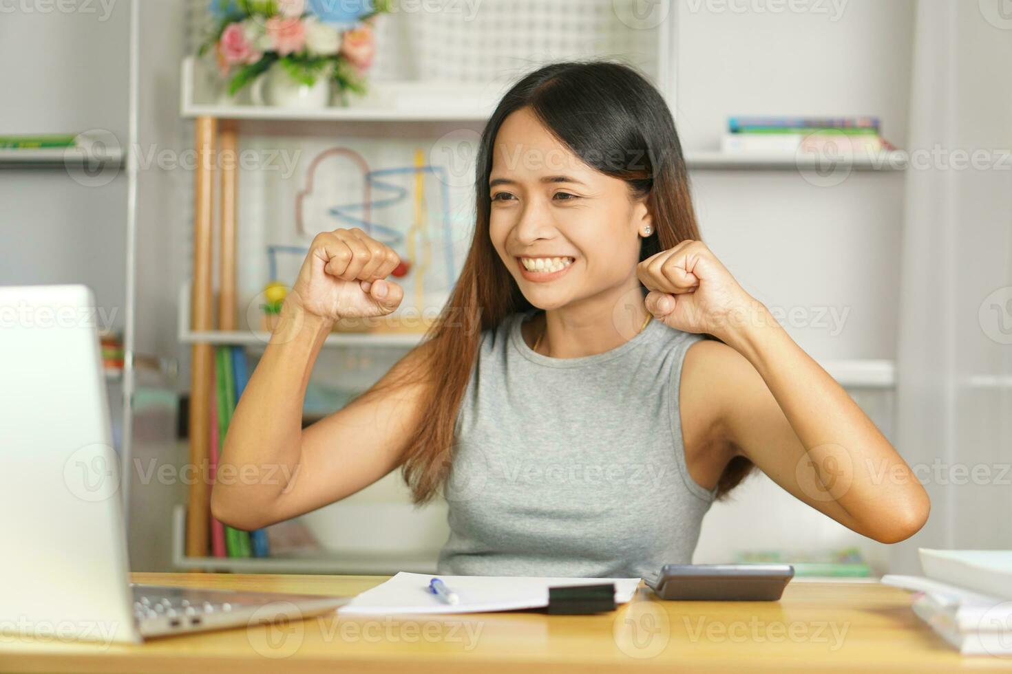 happy business woman from higher sales and profits photo