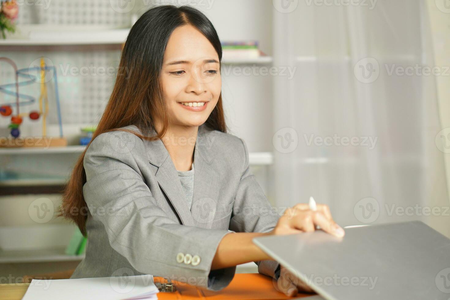 Businesswoman happy to start work in the morning photo