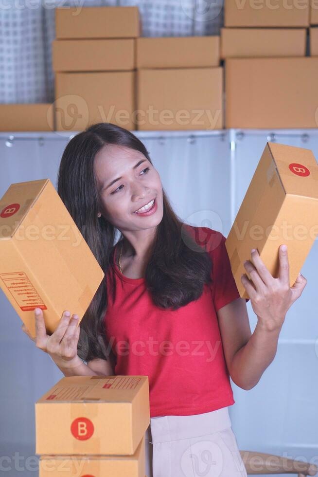 Happy online seller that sells a large number of products according to the target photo