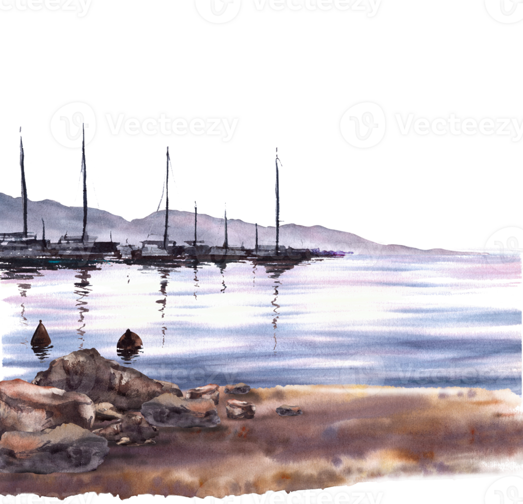 Nautical watercolor landscape. Seascape with mountain silhouettes, harbour, yachts, fishing boats, buoys, coastal sandy beach with stones Hand drawn illustration for postcards print, poster, wallpaper png