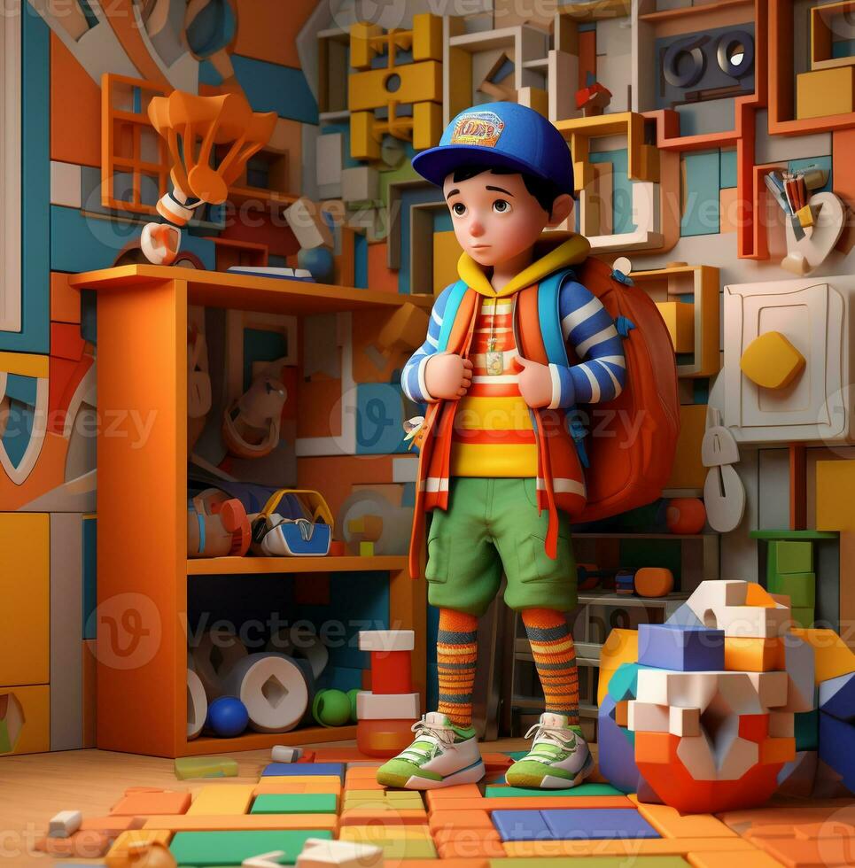 A 3d model of a boy with a backpack in his room, world students day images, AI Generative photo