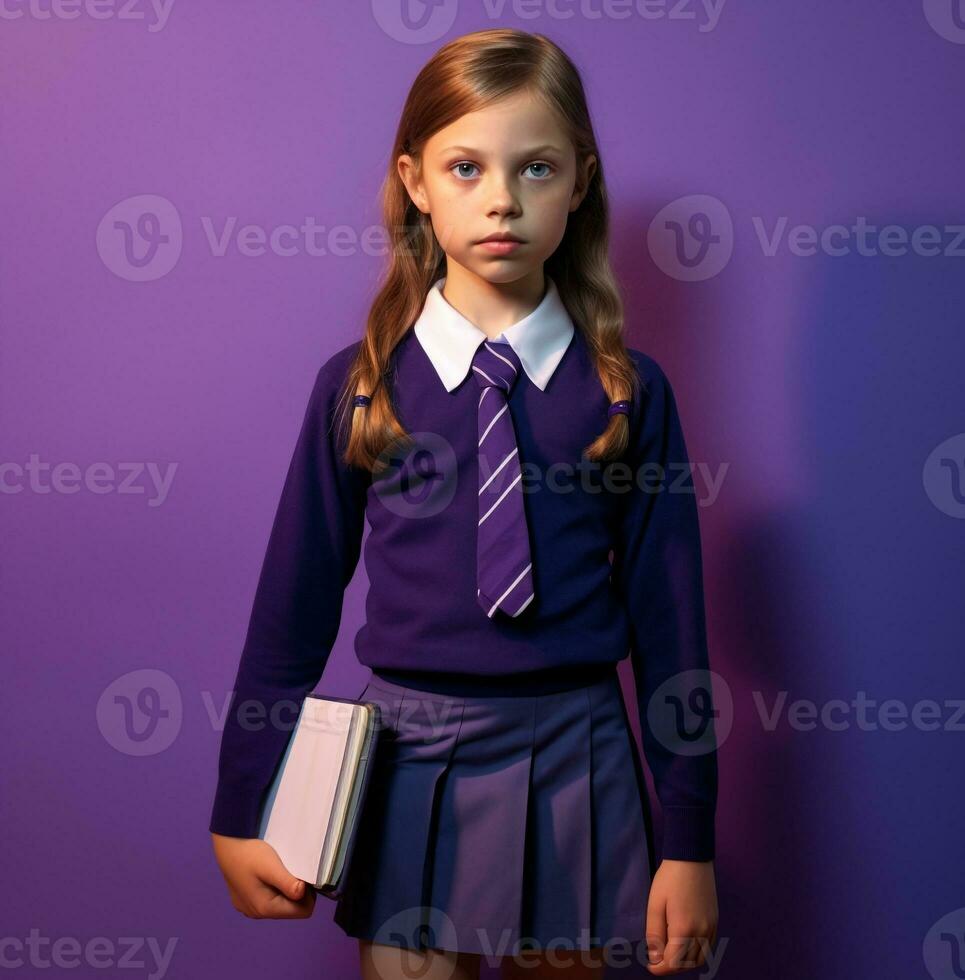un colegio niña vistiendo un púrpura uniforme en pie en contra un púrpura fondo, mundo estudiantes día imágenes, ai generativo foto