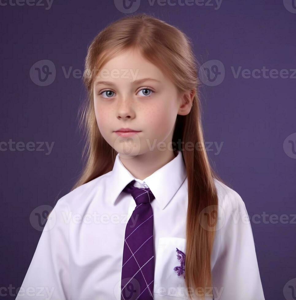 joven niña en nuevo colegio uniforme en púrpura antecedentes joven alumno. valores videos y realeza gratis imágenes, mundo estudiantes día imágenes, ai generativo foto