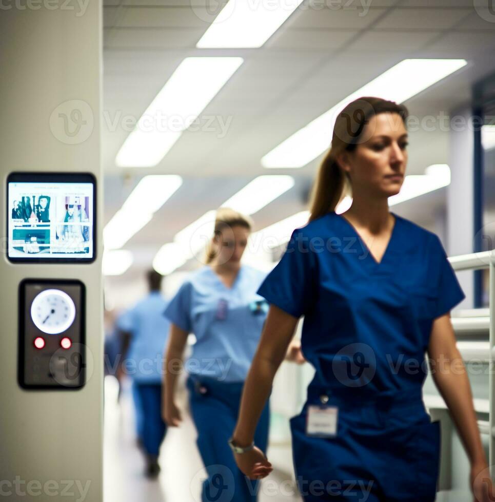 The nurse is walking down a long brightly lit hallway, medical stock images, AI Generative photo