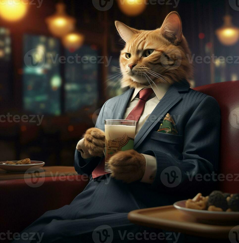 Cat sitting in business suit with teasers and a biscuit on his lap, boss day images, AI Generative photo