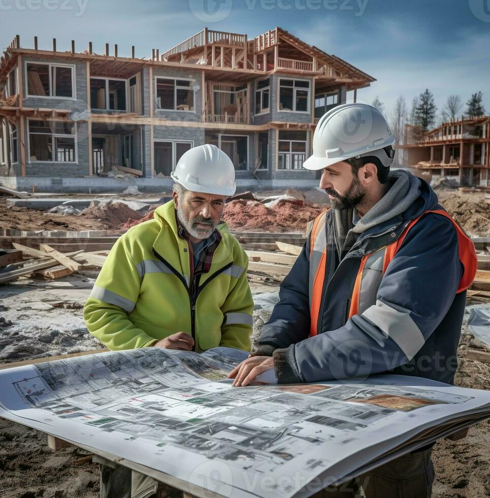 Two construction workers look at blueprints at construction project, industrial machinery stock photos, AI Generative photo