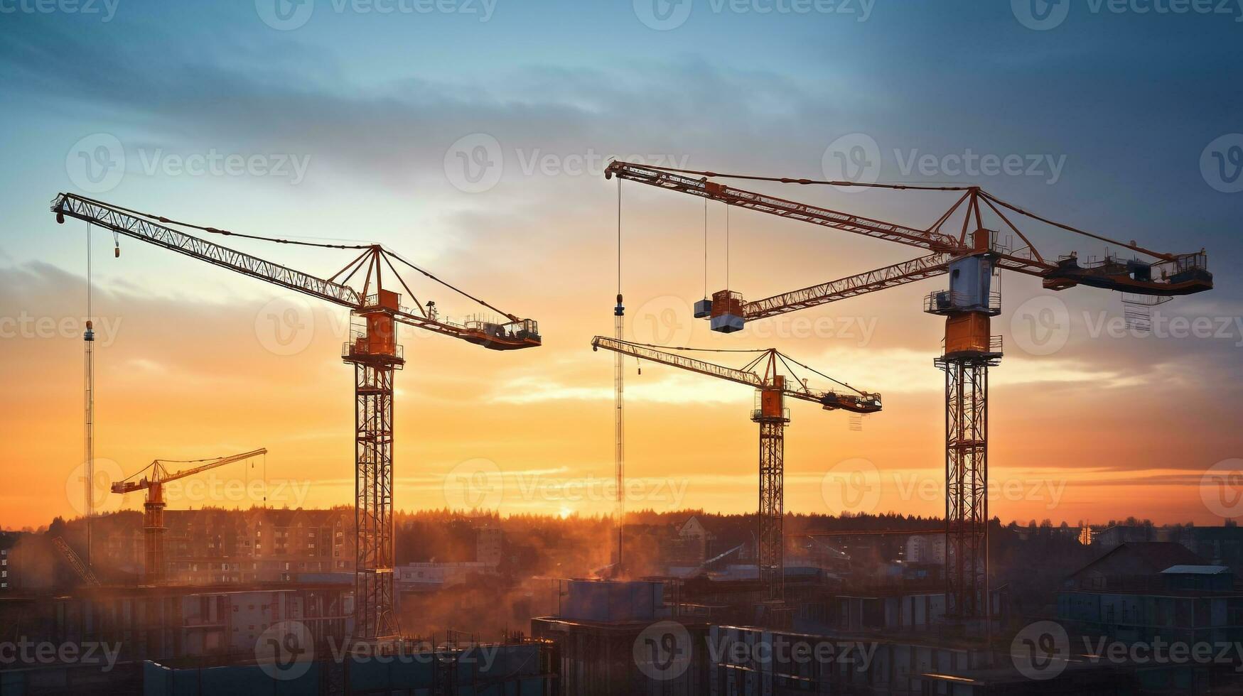 construcción grúas en construcción sitio con atardecer, industrial maquinaria valores fotos, ai generativo foto