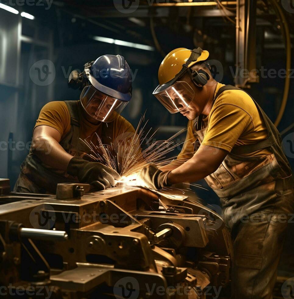 dos construcción trabajadores utilizando un molienda máquina en un acero fábrica, industrial maquinaria valores fotos, ai generativo foto