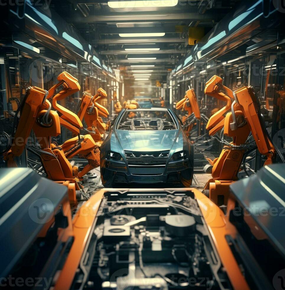 An assembly line with a pair of robots, industrial machinery stock photos, AI Generative photo
