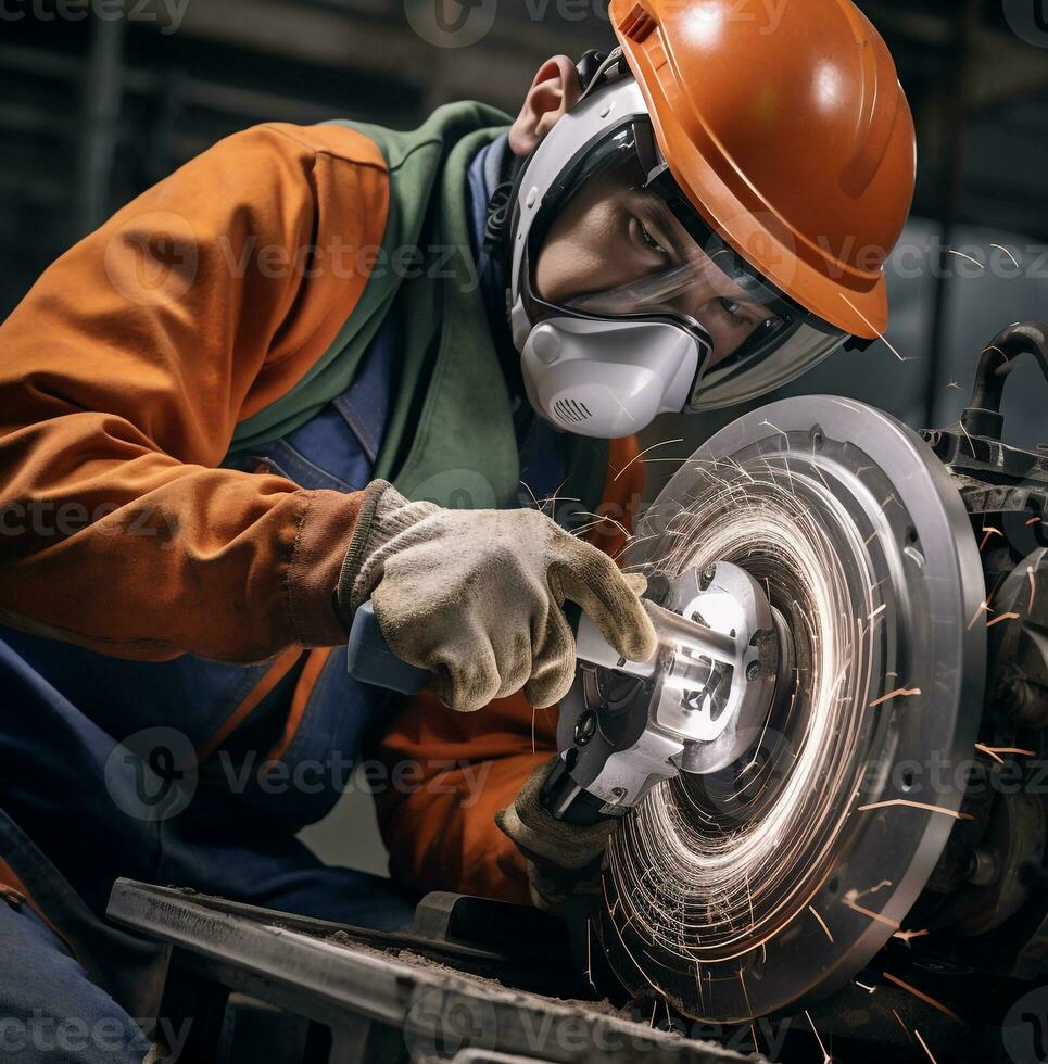 A human using a large rotating handheld grinder, industrial machinery stock photos, AI Generative photo
