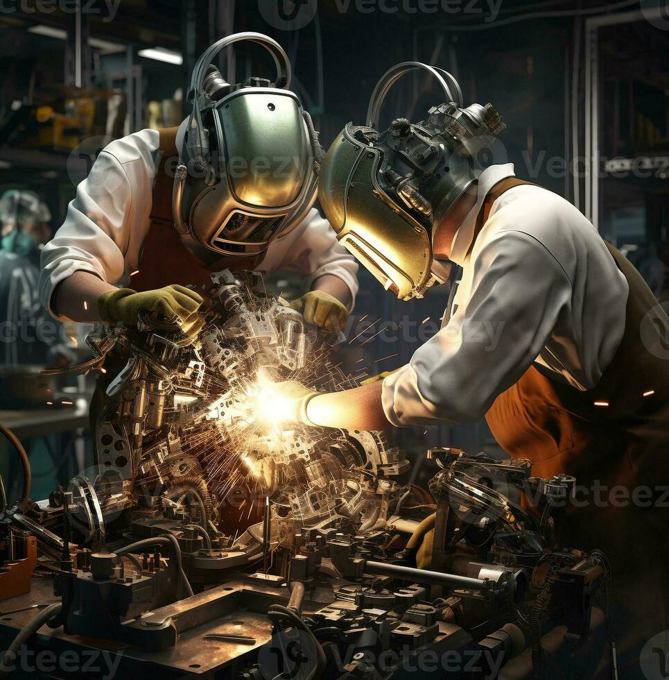 Two metal workers are using a robot to mill their metal work, industrial machinery stock photos, AI Generative photo