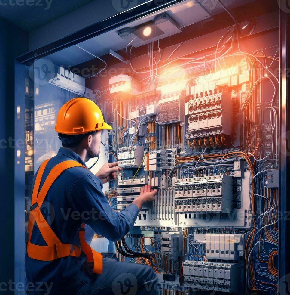 Image of an electrician reading a multimeter on an electrical panel, industrial machinery stock photos, AI Generative photo