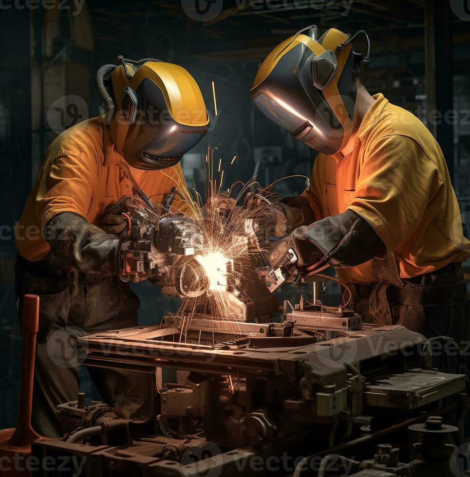Two metal workers are using a robot to mill their metal work, industrial machinery stock photos, AI Generative photo