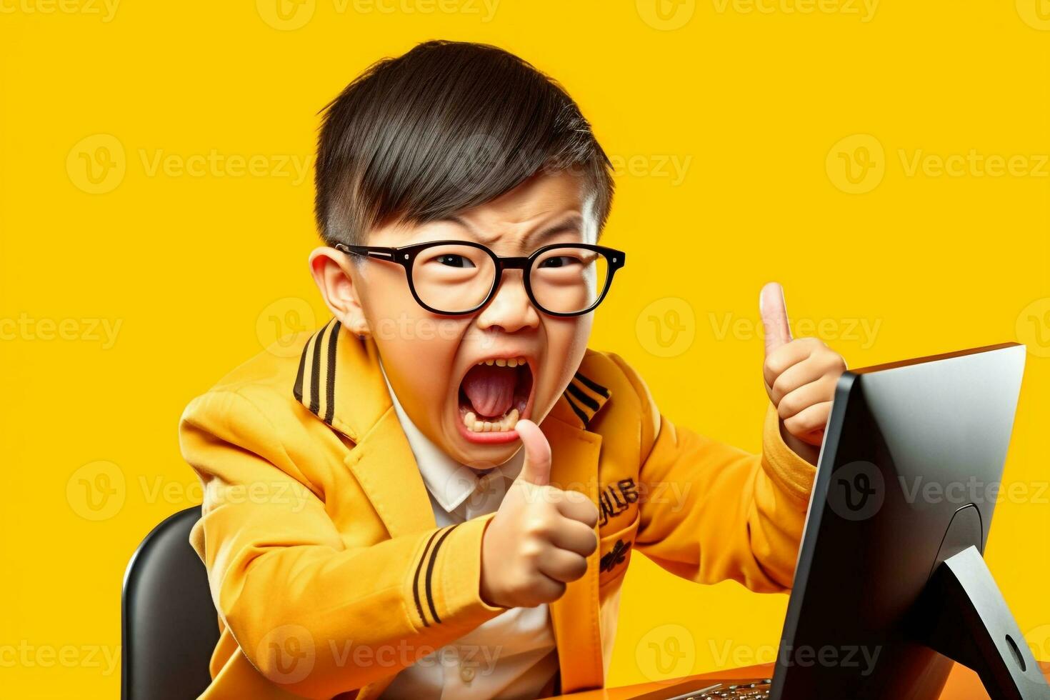 Photo of a happy asian school people with glasses holding a large phone and pointing up showing the empty screen on a yellow or orange studio background, ai generative