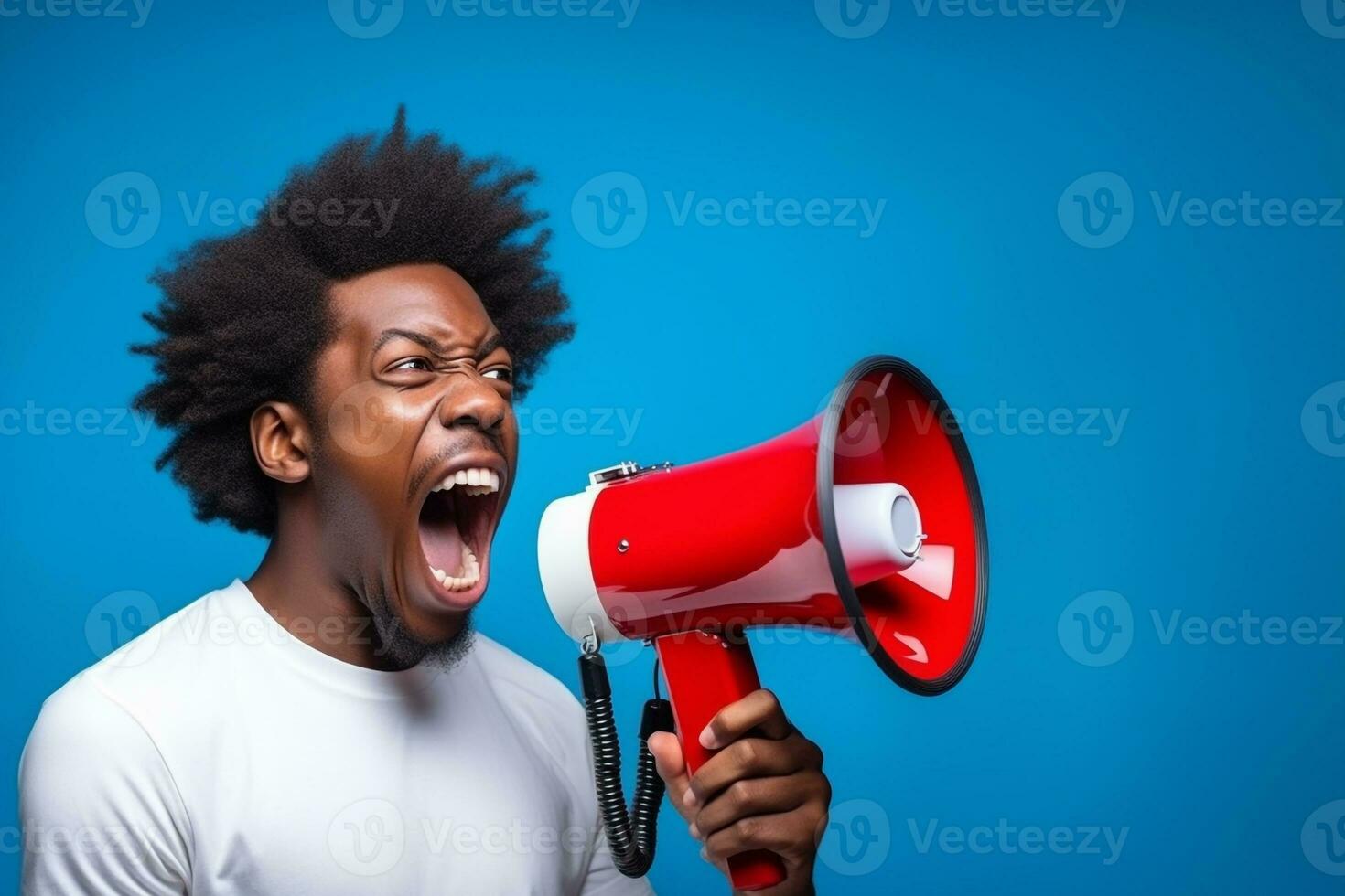 A picture of a young black man happily shouting into a megaphone, ai generative photo
