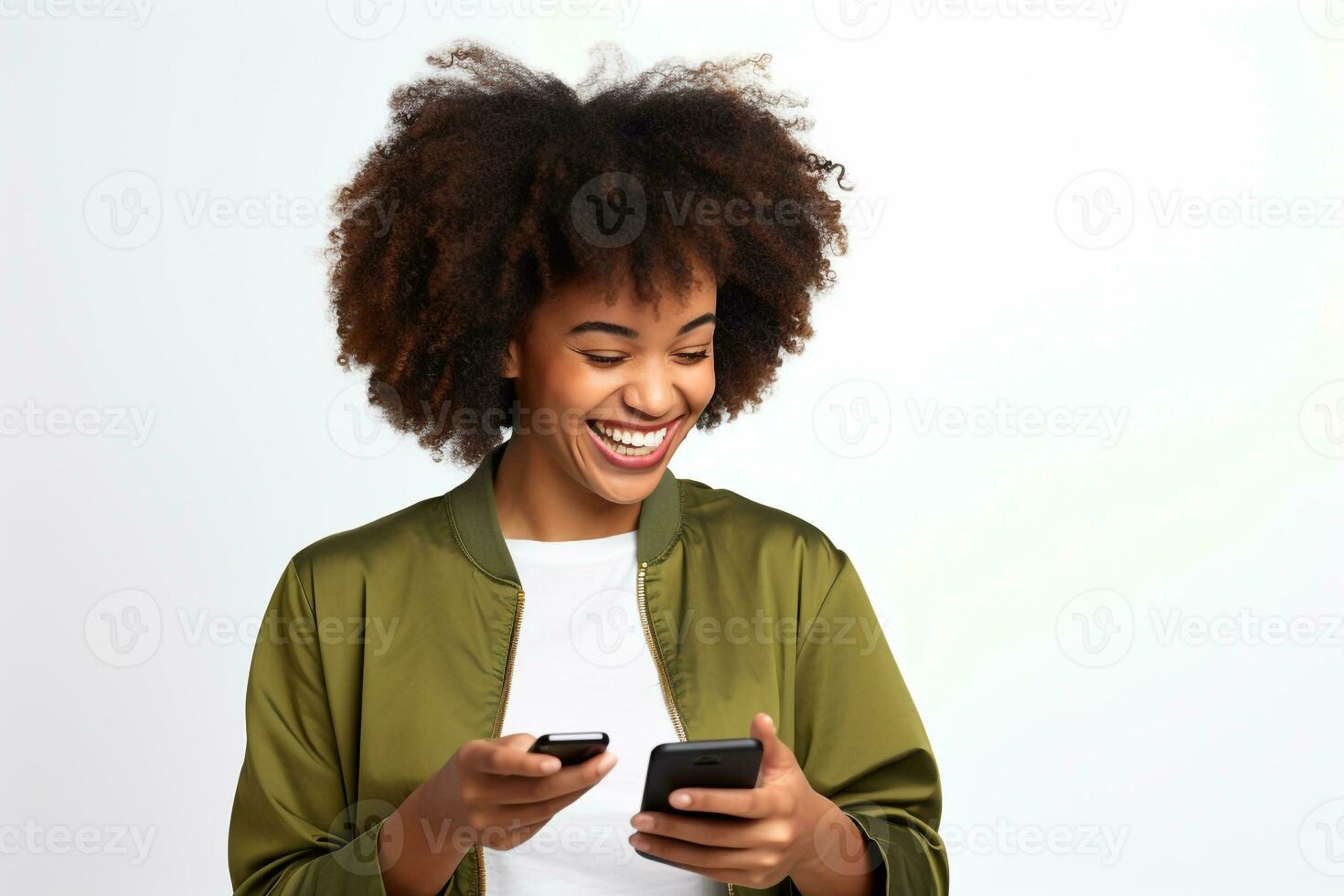 A picture of a happy young black woman using her phone to send messages to her friends, ai generative photo