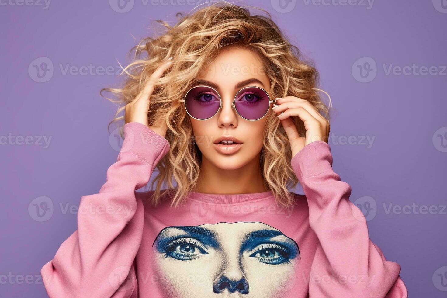 Picture of a picture of a happy daydreaming woman in a stylish fall sweatshirt looking at a big empty poster on a purple background, ai generative photo